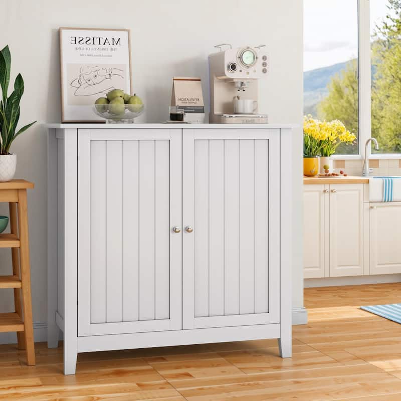 Mid-Century Modern Double-Door Storage Cabinet – Freestanding Buffet with Silver Knobs for Living Room, Kitchen, Bathroom.