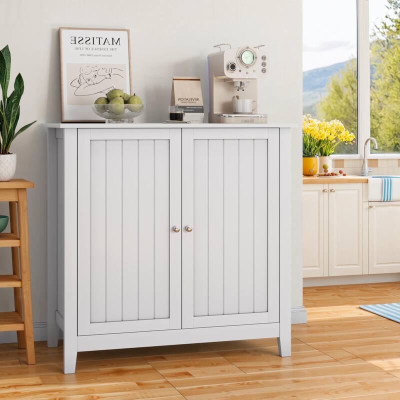 Roomfitters Modern Storage Cabinet with Geometric Doors, Multi-Purpose Sideboard Organizer with Wooden Legs, White
