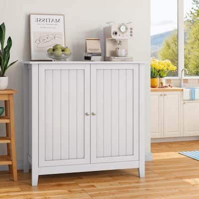 White Double Door Storage Cabinet, Mid-Century Modern Freestanding Buffet Cabinet, Bathroom Storage Cabinet with Silver Knobs
