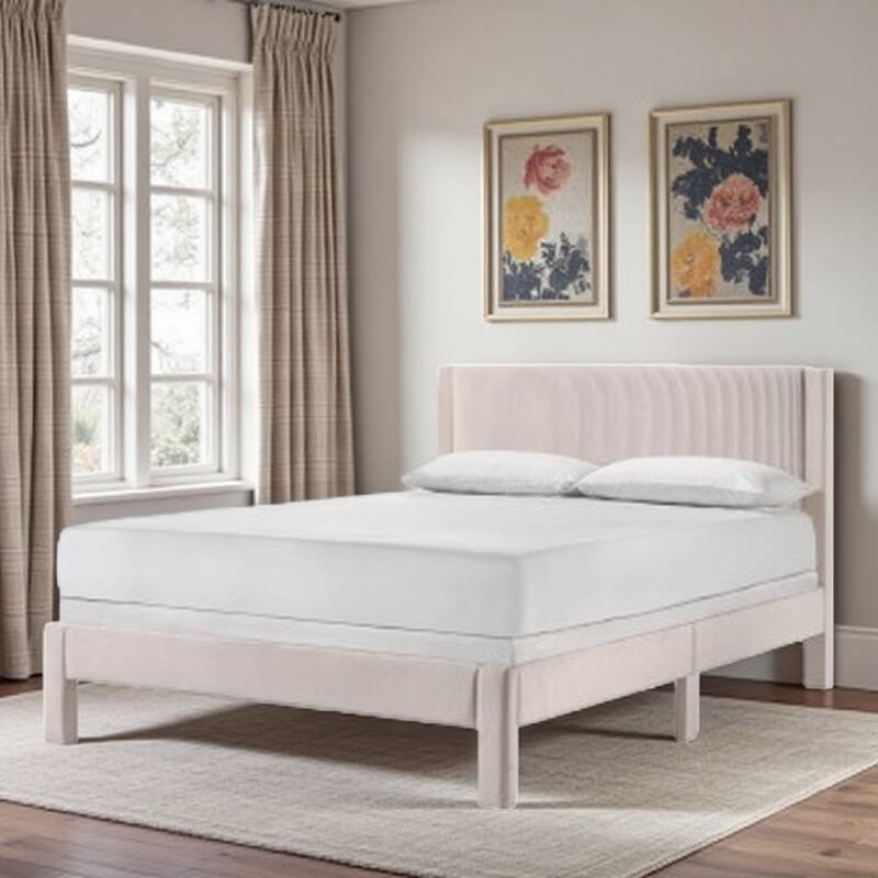 Twin Size Upholstered Platform Bed with Ribbed Plush Headboard, Low-Profile Frame for Youth Bedrooms - Full Pink - Full