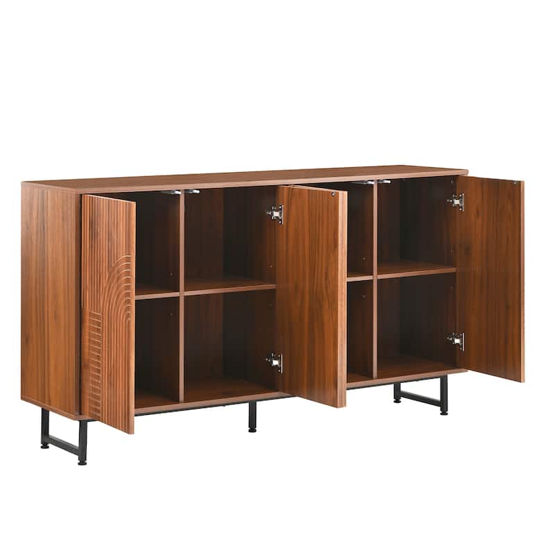 Mid-Century Modern Walnut Sideboard Buffet Cabinet, Geometric Carved Storage Cabinet with Metal Legs