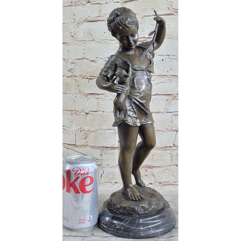 Young Girl Child Holding Kitten Imitative Cat - Bronze Sculpture Vintage Reproduction Art