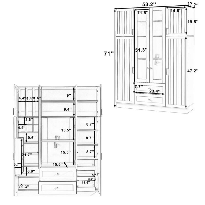53" Modern Kitchen Pantry Cabinet with 6 Doors, Pull-Out Trays & Wine Rack
