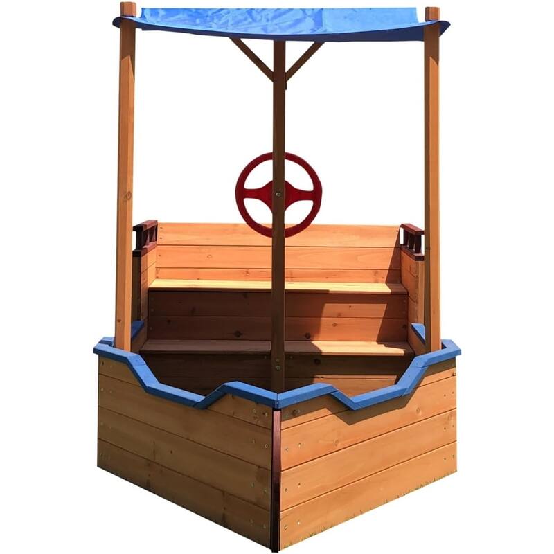 Sandbox with Cover,Wood Ship Sandbox with Rudder,Storage Bench and Seat