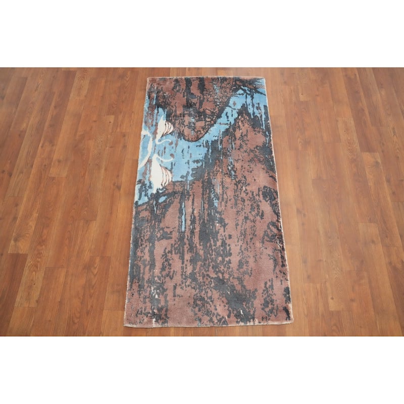 Hand Knotted Oriental Viscose Silk Carpet Modern Animal Pictorial Multi-Colored Abstract Area Rug - 4' 0'' X 2' 0''