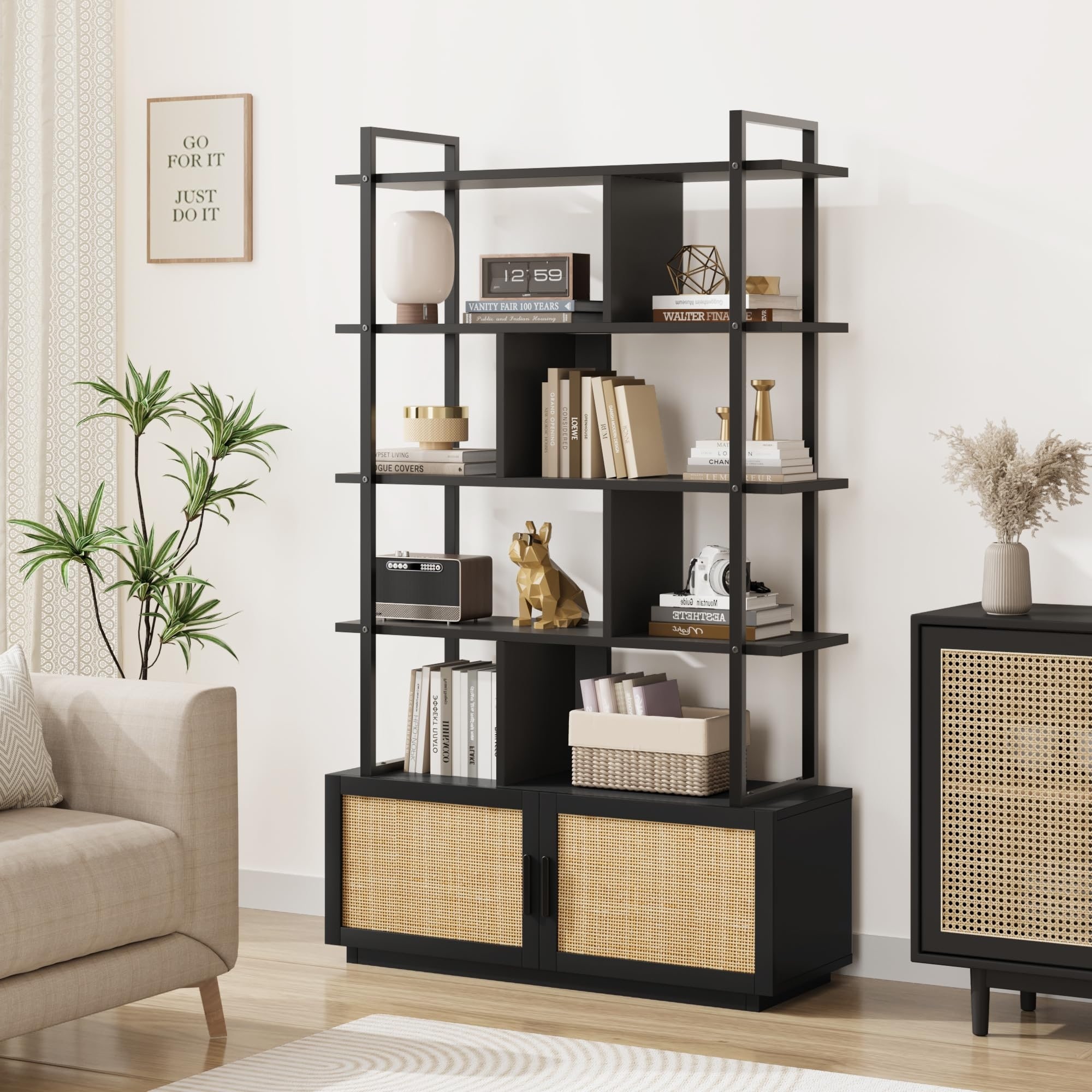 5-Tier Rattan Bookshelf with Storage Cabinet, 71" Industrial Wood & Metal Bookcase with Doors and Open Shelves