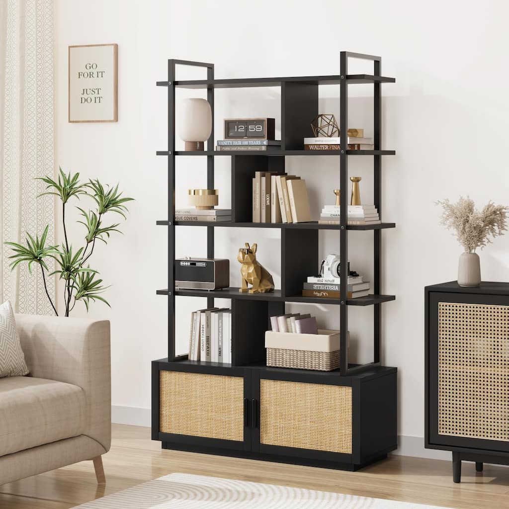 Ail 5 Tier Rattan Bookshelf with Storage Cabinet and door - 43.3"D x 11.8"W x 71.1"H