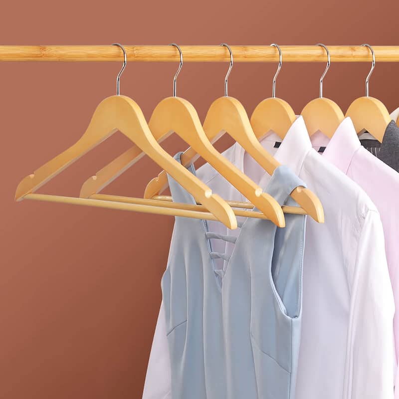 20 Natural Wood Coat Hangers with Shoulder Contour and Swivel Hook for Closet Organization - 17.5”W x 9.1”H