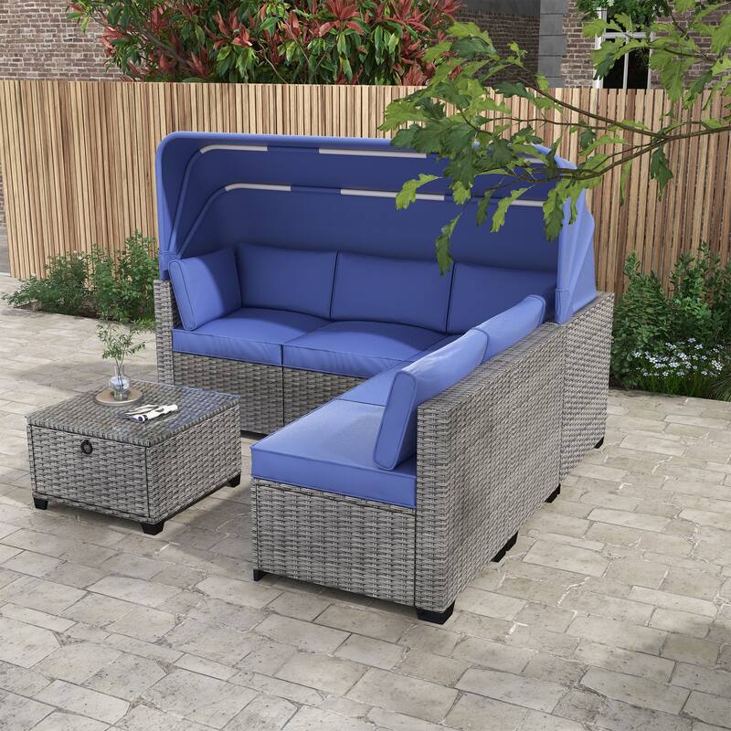 6 Pieces Patio Furniture Sets, Outdoor Rattan Daybed with Retractable Canopy, Outdoor Chaise Chair Sunbed