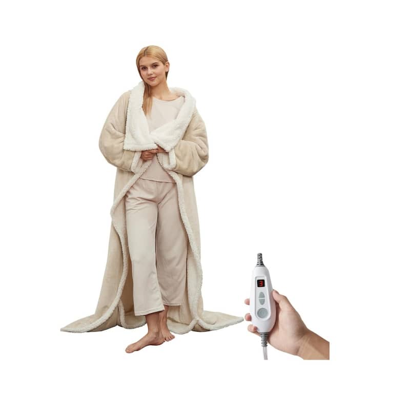 Unisex Wearable Heated Blanket With Foot Covers And Sleeves Khaki