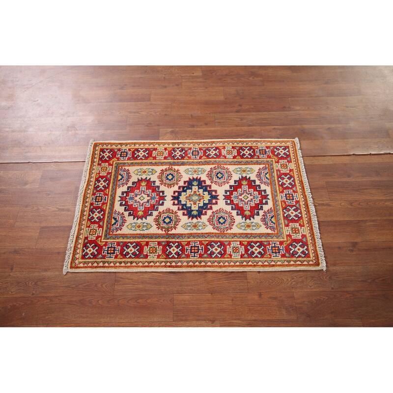 Ivory Kazak Oriental Accent Rug Hand-Knotted Wool Carpet - 1'10" x 2'10"