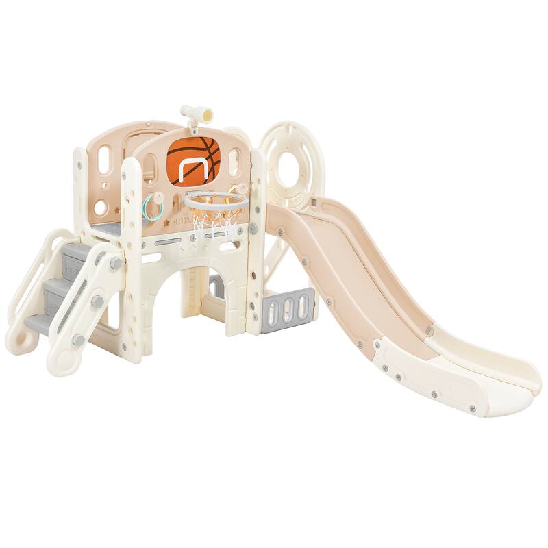 Climbing Crawling Playhouse Freestanding Arch Tunnel With Slide Ring Toss Basketball Hoop Toy Storage Organizer
