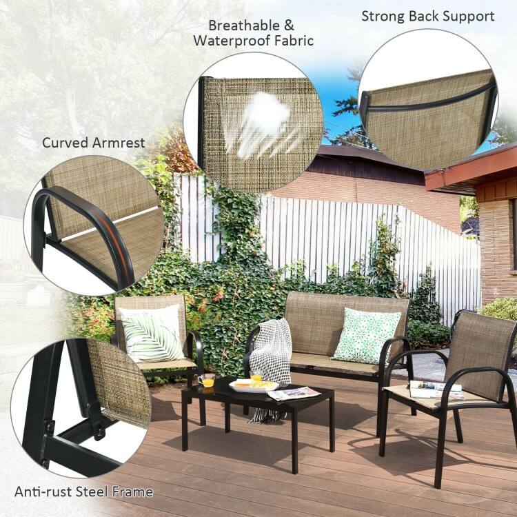 4 pcs Patio Furniture Set with Glass Top Coffee Table - 42.5" x 24.4" x 31.5" (L x W x H)