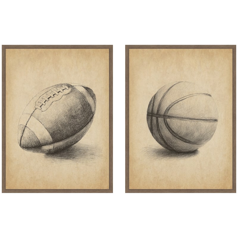 Kate and Laurel Vintage Football & Basketball 2 Piece Framed Canvas Wall Art Set by The Creative Bunch Studio - 2 Piece Set 18x24 - Walnut