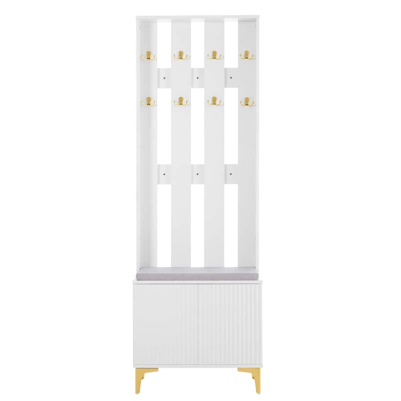 Modern 4-in-1 Hall Tree, Coat Rack with 8 Gold Hooks & Entryway Bench