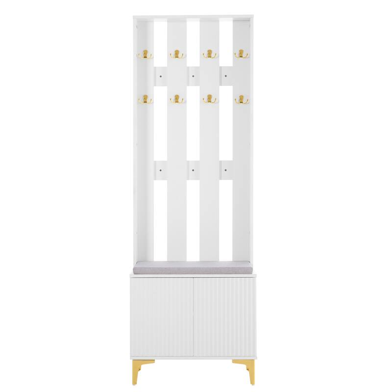 Modern Hall Tree, Wood Coat Rack with 8 Gold Hooks and Legs, Entryway Upholstered Bench with Adjustable Shelves & Doors