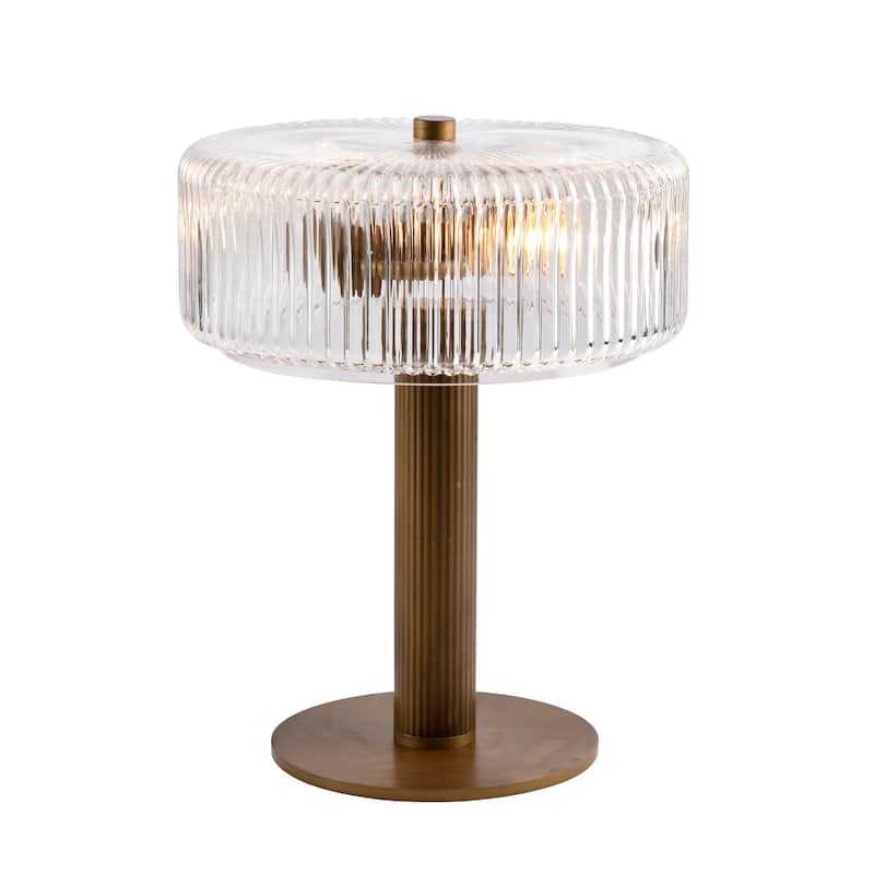 Trinia Antique Bronze Candle Stick Table Lamp with Ribbed Glass Crystal Drum Shade