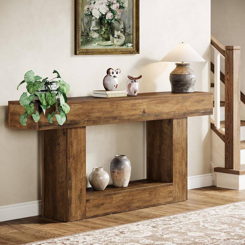 63" Long Console Table, Farmhouse 2-Tier Entryway Table with U-Shaped Base - 63" W x 11.8" D x 32.3" H