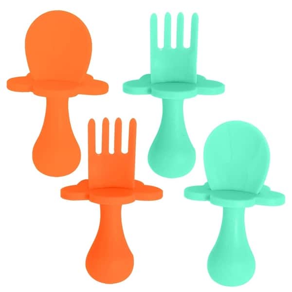slide 2 of 8, Grabease Baby Spoons, Toddler Utensils, Baby Spoon Toddler Forks, 2 Sets, Mint and Orange