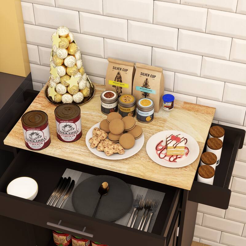 Modern Kitchen Island with Rubber Wood Table Top 1 Drawer, Adjustable Shelves, Towel Rack and Seasoning Rack, for Kitchen