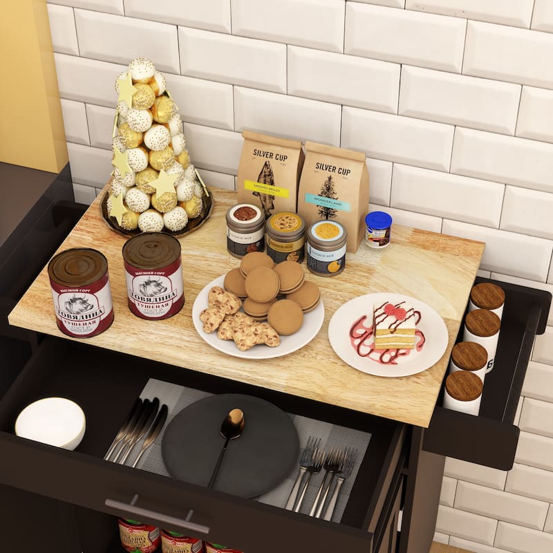 Rolling Kitchen Island with Rubber Wood Table Top, Kitchen Island Cart on Wheels with Adjustable Shelf, 1 Drawer & 2 Doors