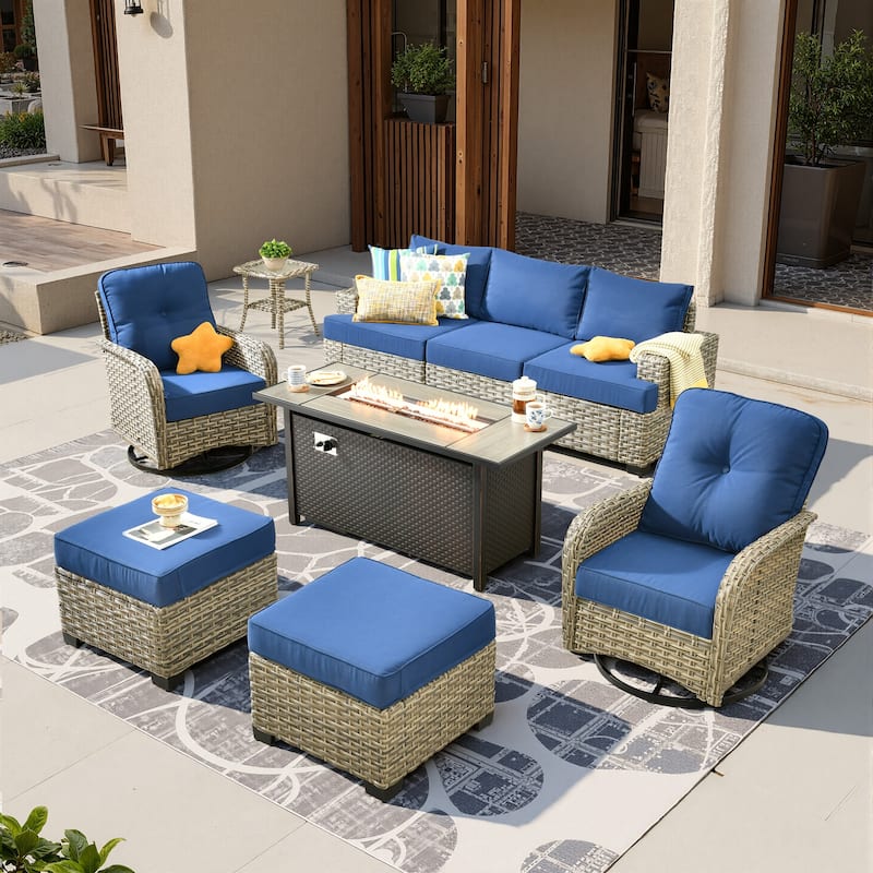 HOOOWOOO 9-piece Patio Sofa Wicker Swivel Rocking Chair Conversation Set - Navy Blue