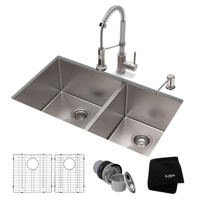 Kraus 3-in-1 Set Undermount Kitchen Sink, Pulldown Faucet, Dispenser - Stainless Steel/ Chrome
