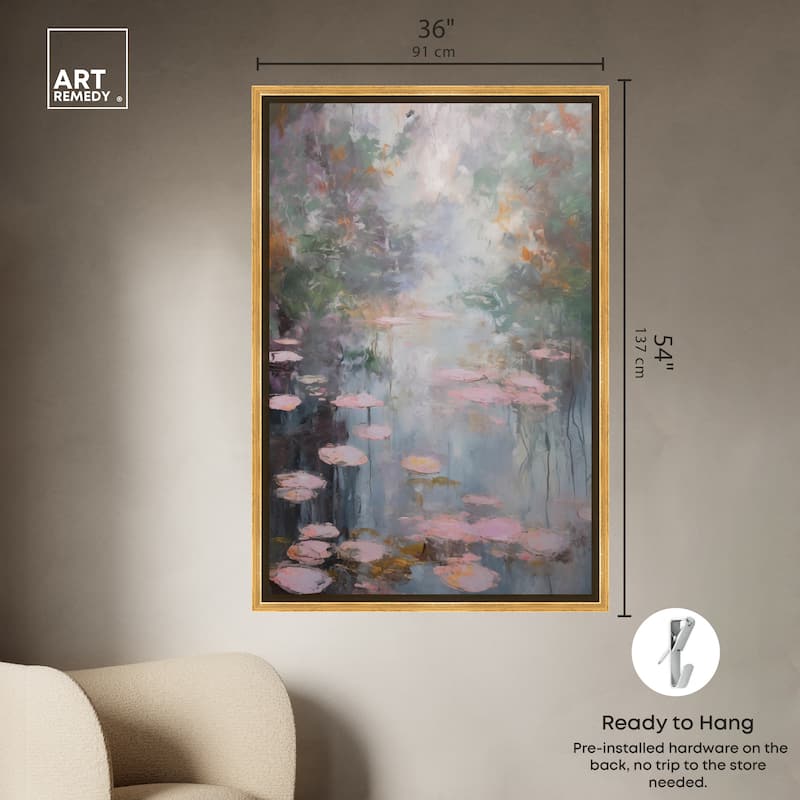 Art Remedy Pink Impressionisty Lilypads Framed Impressionism 1 Piece Canvas Wall Art /Monet And Van Gogh Inspired Art
