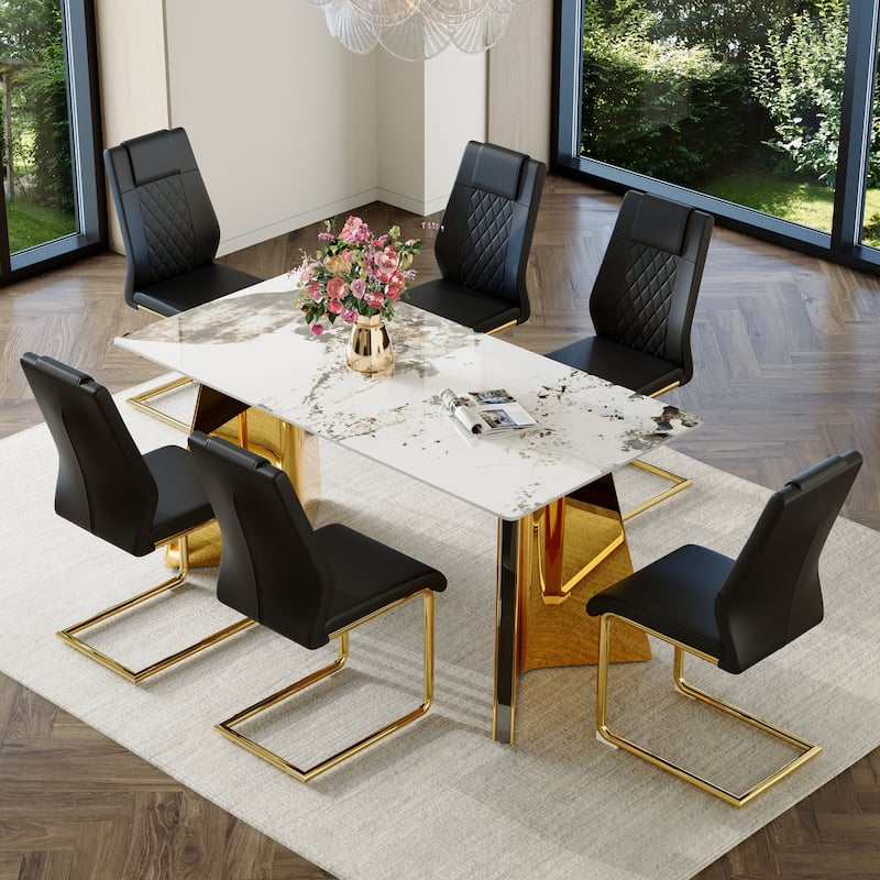 7-Piece Luxury Dining Table and Chair Set, Stone Tabletop Rectangular Table with Stainless Steel Butterfly Legs and 6 PU Chairs - Black+Gold