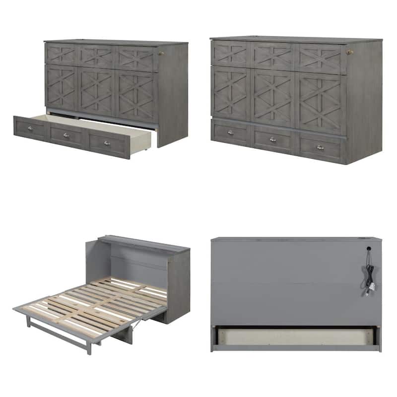 Queen Size Wood Murphy Bed with Drawer,USB Ports ,Three-Prong Outlets