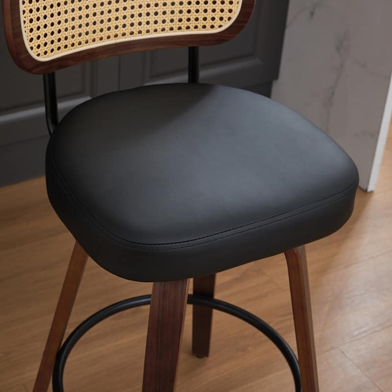 Upholstered Faux Leather Counter Height Barstools with Walnut Back and Bentwood Legs
