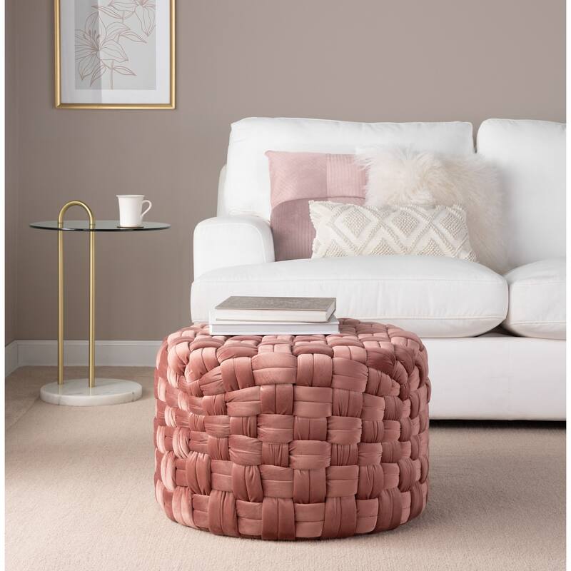 Braided Round 24" Ottoman in Blush Velvet by LumiSource - Pink