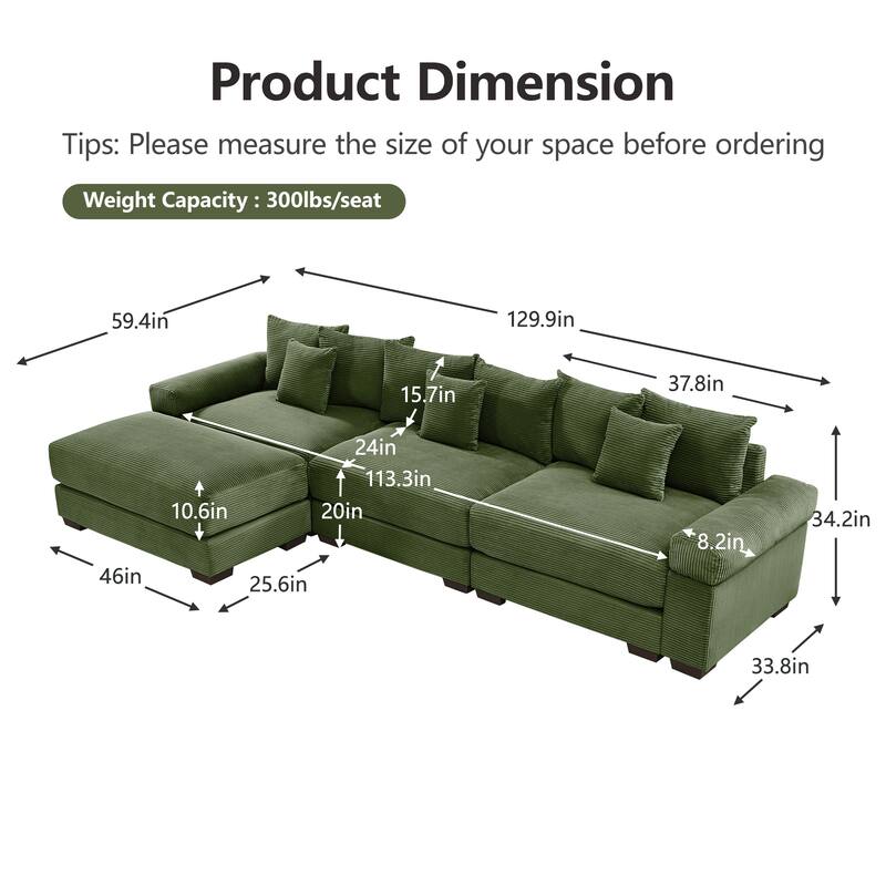 Roomfitters 130 Inch Modular Sectional Couch, Oversized Corduroy 3-Seater with Deep Seats