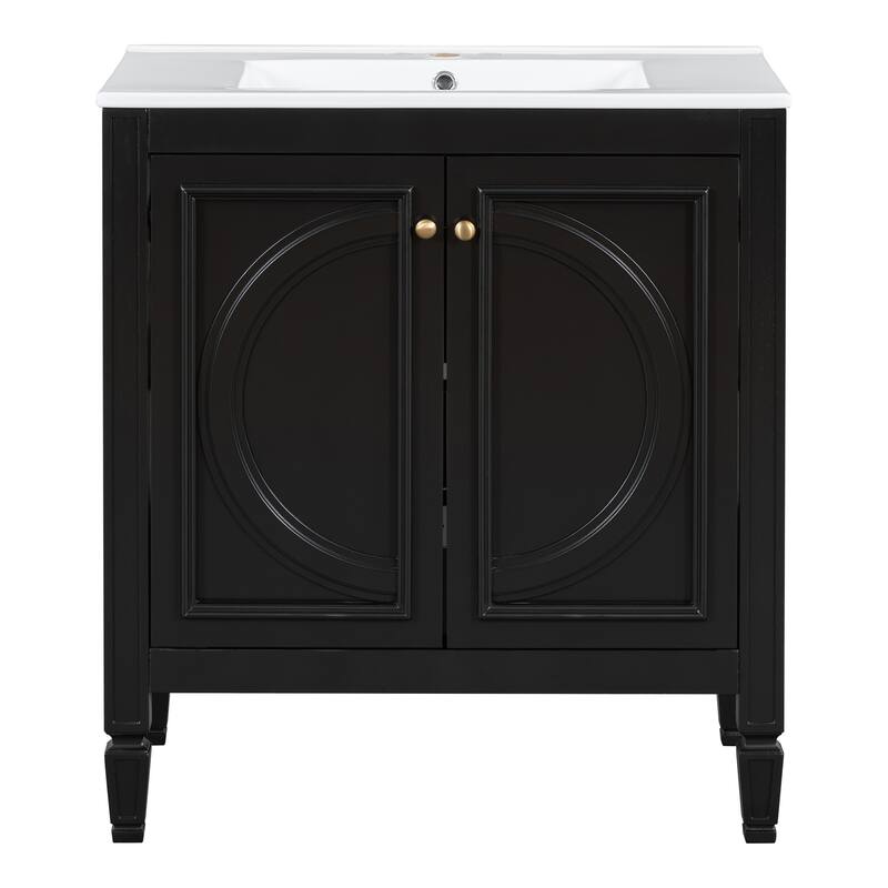 Green 30-Inch Freestanding Vanity with Ceramic Sink, Soft-Close Doors, Adjustable Shelf, and Retro Legs