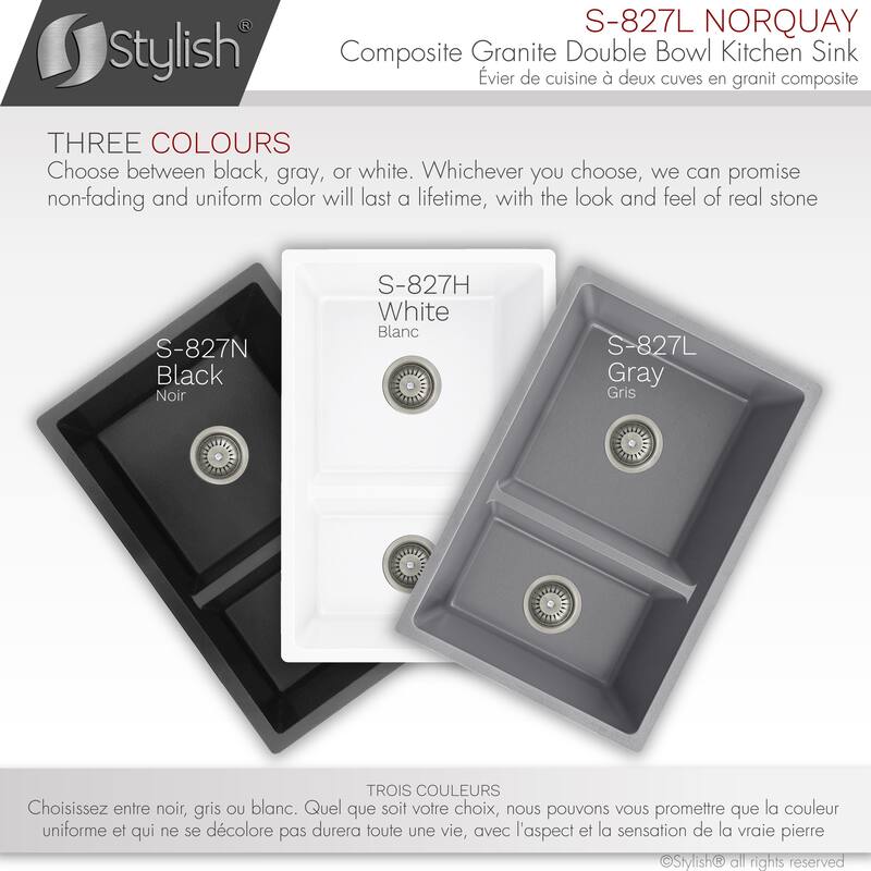 STYLISH 27 inches L x 18 inches W Double Bowl 60/40 Dual Mount Composite Granite Kitchen Sink - 27" x 18" x 9.5"