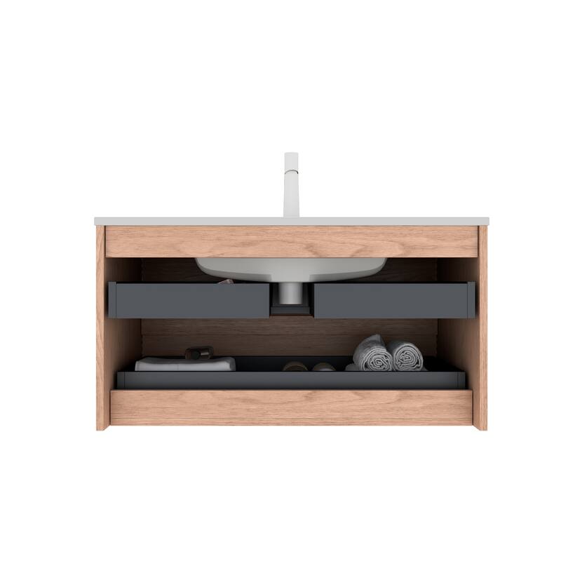 36" Floating Bathroom Vanity, White Ceramic Basin, Wall-Mounted Plywood Cabinet with 2 Soft-Close Drawers and Drain