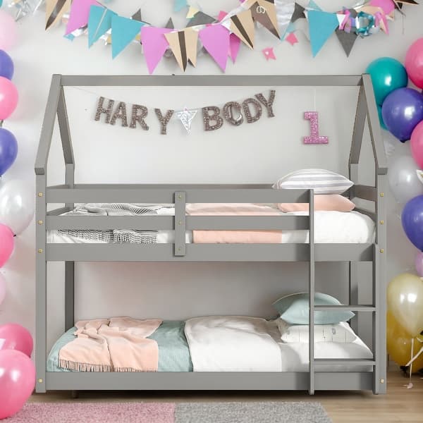 slide 2 of 9, Twin over Twin Loft Bed with Roof Design, Guardrail and Ladder, Grey Grey