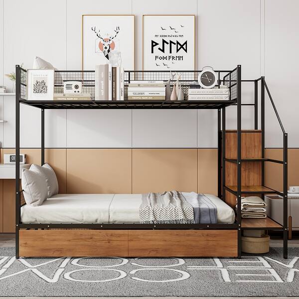 slide 2 of 12, Black Twin over Full Size Metal Bunk Bed with Drawer and Lateral Storage Ladder and Wardrobe Black