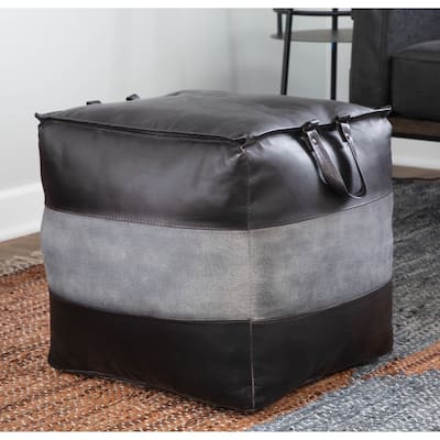 Carbon Loft Najah Industrial Pouf Ottoman in Leather and Canvas
