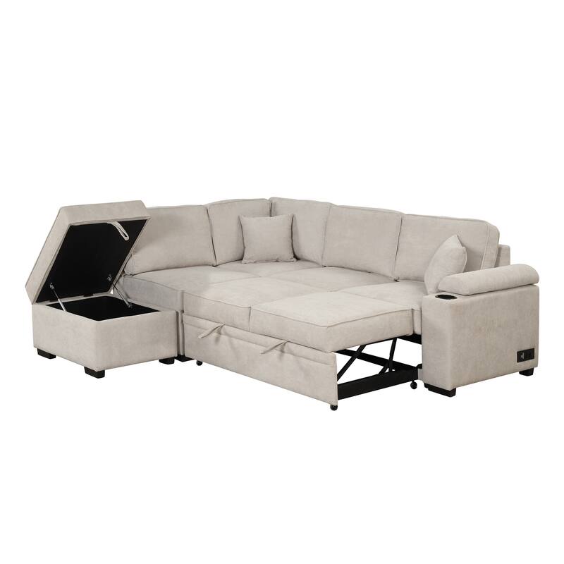 Beige 84.75" L-Shaped 5-Seat Sleeper Sofa with Storage