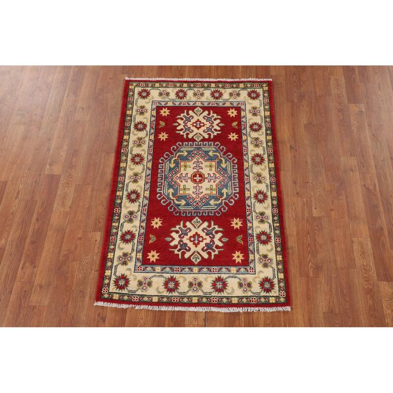 Red Geometric Kazak Foyer Rug Hand-Knotted Wool Carpet - 2'10" x 4'2"