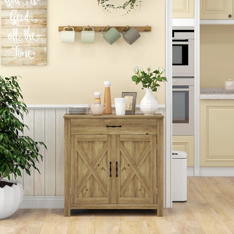 Farmhouse Buffet Cabinet with Barn Door, Drawer and Adjustable Shelf for Living Room, Entryway