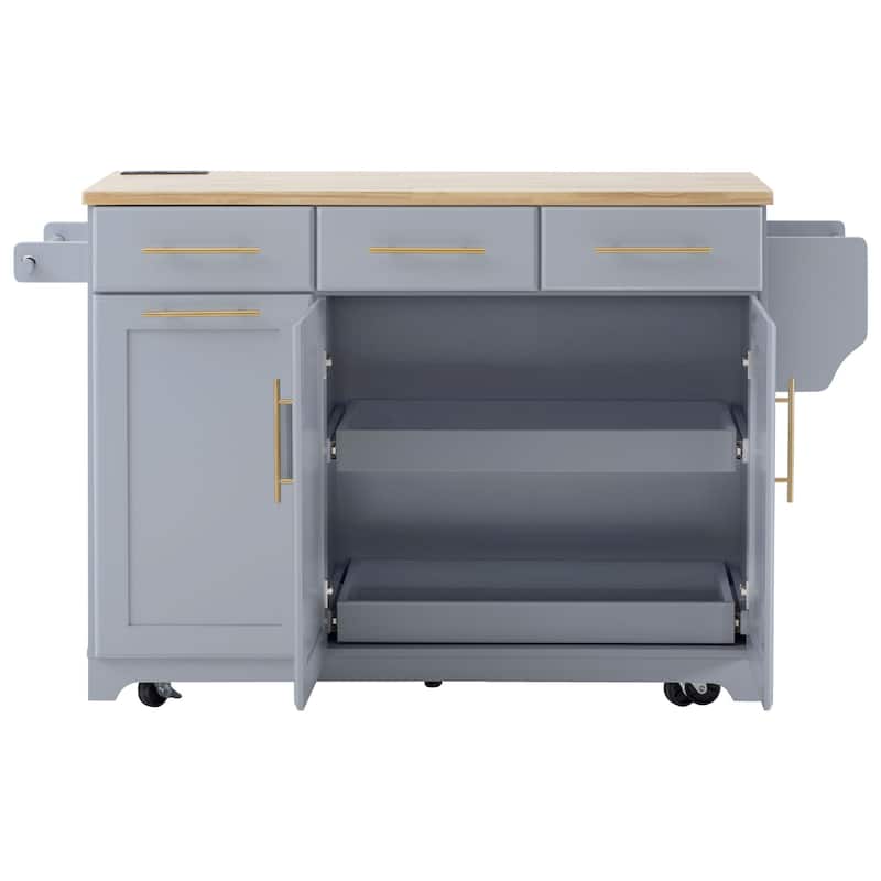 Rolling Kitchen Island Cart with 2 Pull Out Cabinet Organizers, Drop Leaf, Trash Can Storage, Power Outlet, Spice, Towel Rack