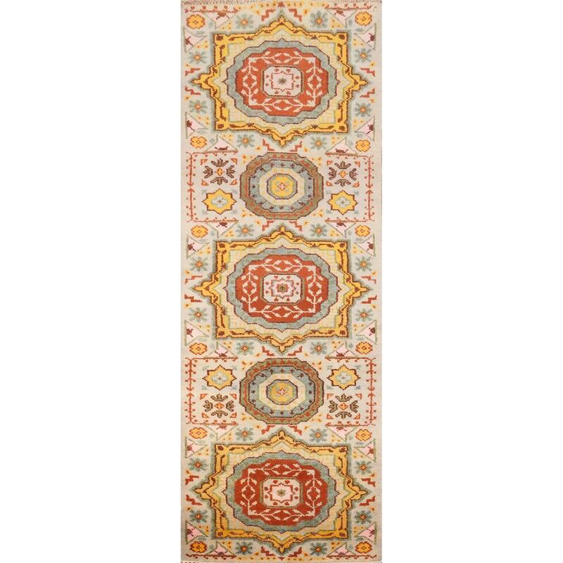 Hand Knotted Oriental 100% Wool Carpet Traditional Geometric Beige & Ivories Kazak Runner Rug - 7' 11'' X 2' 6''