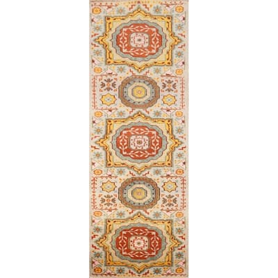 Hand Knotted Oriental 100% Wool Carpet Traditional Geometric Beige & Ivories Kazak Runner Rug - 7' 11'' X 2' 6''