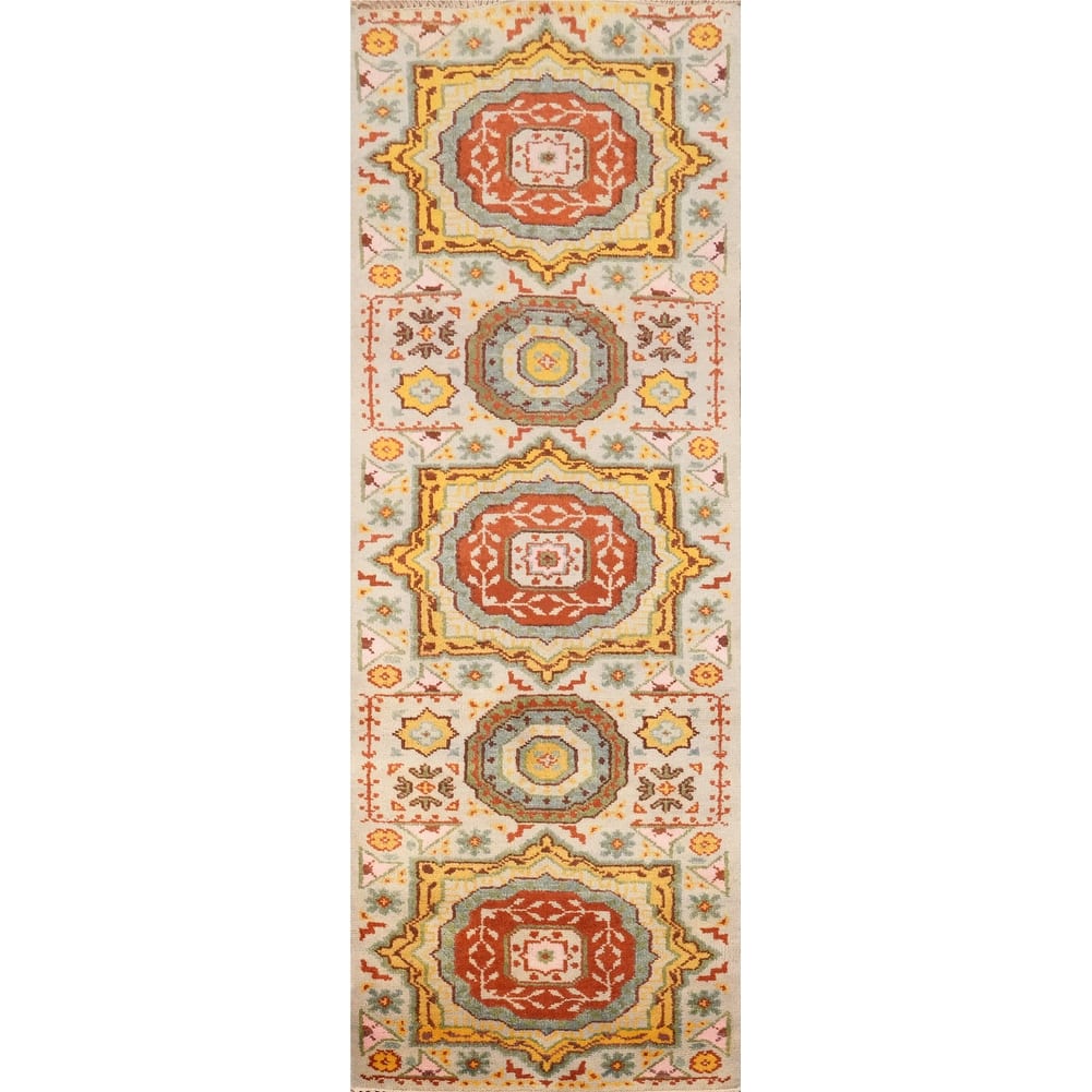 Hand Knotted Oriental 100% Wool Carpet Traditional Geometric Beige & Ivories Kazak Runner Rug - 7' 11'' X 2' 6''
