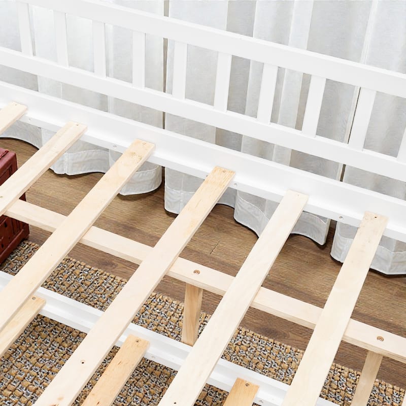 Twin/Full Wooden House Bed with Twin Trundle, Kids Platform Bed Frame with Roof Design, Solid Pine Wood