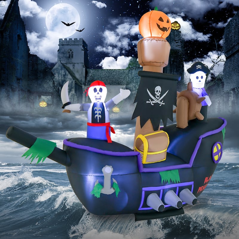 7FT Halloween Inflatable Pirate Ship Blowup Skeleton Pirate Decoration