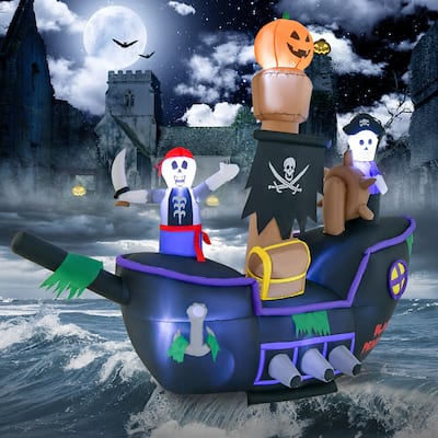 7FT Halloween Inflatable Pirate Ship Blowup Skeleton Pirate Decoration