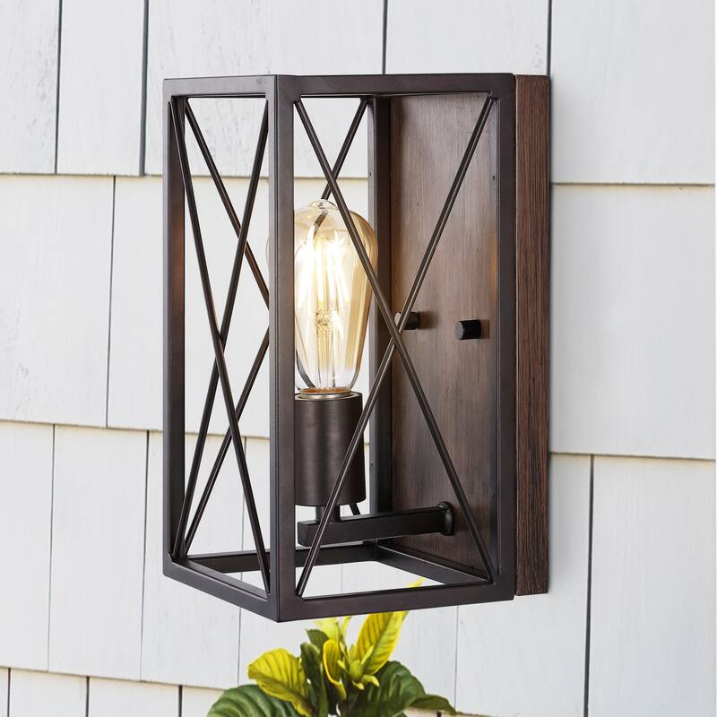 Arden X-Frame 6" 1-Light Farmhouse Rustic Iron LED Sconce, Oil Rubbed Bronze/Wood Finish by JONATHAN Y - Oil Rubbed Bronze